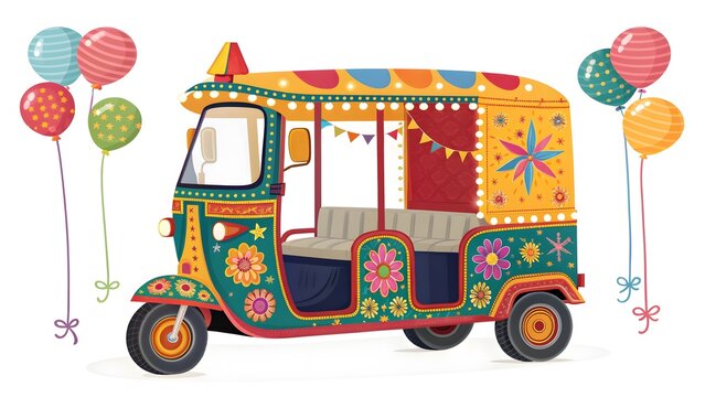 Vibrant, decorated auto-rickshaw with festive balloons evokes cultural celebration and joyful travel experiences