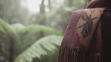 World Animal Day close-up of woven scarf with endangered animal motifs in rich earthy tones against misty forest backdrop, soft lighting and elegant conservation theme