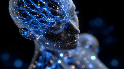 Close-up of digital human profile, luminous blue neural pathways branching through brain, network nodes pulsing, emphasizing consciousness, technology, and AI integration