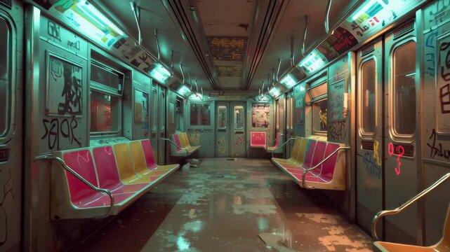 Eerie Cinematic Video of an Empty Subway Car with Graffiti