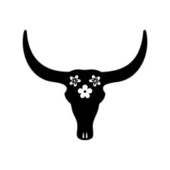 Floral Bull Skull Vector Illustration, Simple Monochrome Design for Wall Art