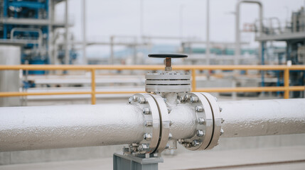 Insulated pipelines with textured thermal coating, close-up showing metallic flanges, valves, and protective layers, industrial facility background softly blurred