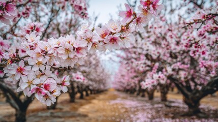 Fototapeta premium Almond_orchard_in_full_bloom_with_soft_pink-white