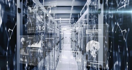 On startup, overlays appearing on server racks, panels sliding, graphs updating for data analytics - Powered by Adobe