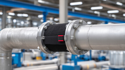 Naklejka premium Close-up of large-diameter steel pipes wrapped with textured thermal insulation, focus on precise construction, clamps, and valves in a modern industrial facility