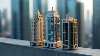Three detailed miniature skyscrapers stand on a ledge with a blurred city skyline in the background