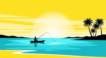 Silhouette illustration of a fisherman on a boat at sunset, vector graphic featuring a tropical paradise and serene fishing scene