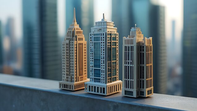 Three detailed miniature skyscrapers stand on a ledge with a blurred city skyline in the background