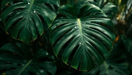 Deep green monstera leaves, intricately veined and textured, fill the image with a sense of lush, tropical humidity.