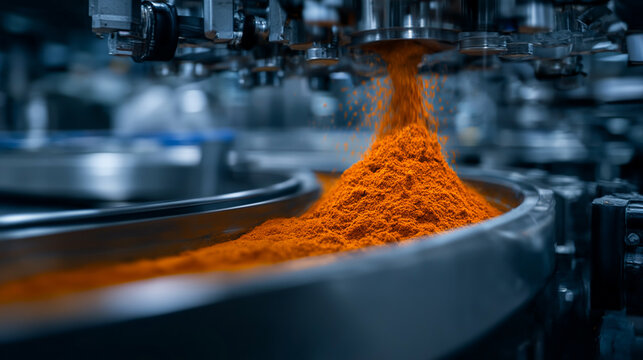 Industrial production line with vibrant orange spice flowing from funnel into metal container, robotic arms guiding filling process, showcasing modern automation in culinary ingred