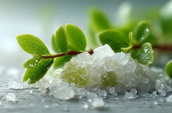 White translucent crystals of camphor arranged with reen leaves, suggesting naural aromatherapy benefits Close-up macro shot highlghts ingredient purity, oranic nature, suitable for pa, - Powered by Adobe