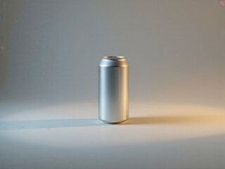 Silver aluminum can on a light gray surface beverage