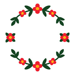 floral wreath with red flowers and green leavesin a circular frame