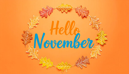 Obraz premium Hello november phrase with playful typography and colorful leafy decoration