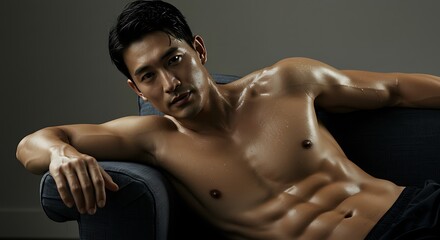 Sultry gaze of a athletic asian man reclined in repose on contemporary sofa