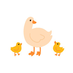 Mother duck standing with two ducklings simple flat illustration isolated on white. Domestic birds with orange beaks and legs. Great for kids content, nursery prints, farm and animal themes