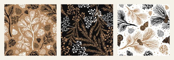 A set of winter seamless patterns with pine branches, Christmas tree branches, cones, forest berries. Black, gold and white.