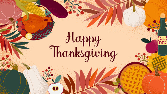 Horizontal poster, banner with a composition of pumpkins, fried turkey, pie, cider, leaves, berries. Concept of thanksgiving, harvest festival. Watercolor and grainy textures. - Powered by Adobe