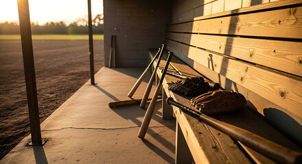 Gloves and wooden bats rest in the dugout glowing in golden sunlight ready for baseball practice