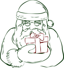 Hand drawn portrait of Santa Claus holding a gift. Contour illustration in green and red. Perfect for designing vintage Christmas greetings.