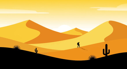 Silhouette of a traveler in a vast desert landscape at sunset offers a peaceful and adventurous journey