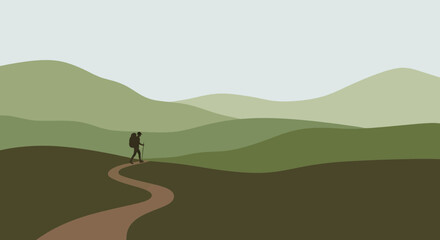 Solo Hiker's Journey Through Verdant Hills on a Winding Path For Adventure