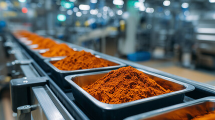 Vibrant paprika powder in metal trays arranged in rows on automated line, industrial environment softly blurred, highlighting hygienic, high-efficiency food processing