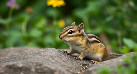 Captivating portrait of a curious chipmunk perched alertly upon a lichen-covered rock formation