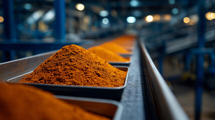 Close-up perspective along line of metal trays with bright paprika powder, factory lighting emphasizing texture, conveying large-scale, automated culinary ingredient processing