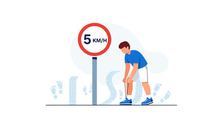 Speed Limit Awareness In Pedestrian Zone With Man Tying Shoelaces
