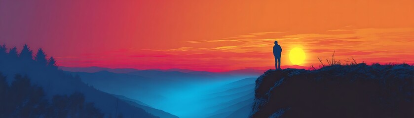 Silhouette of a person standing on a mountain peak at sunset.
