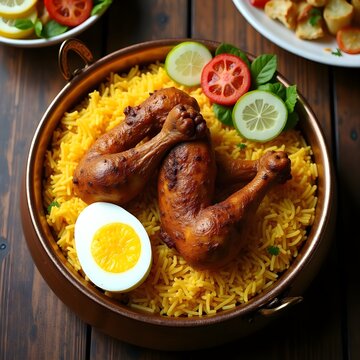 High resolution top view of a traditional chicken birani