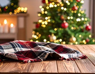 Plaid blanket on a wooden table in front of a Christmas tree