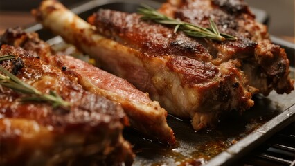 Grilled Pork Ribs with Rosemary Garnish on a Baking Tray