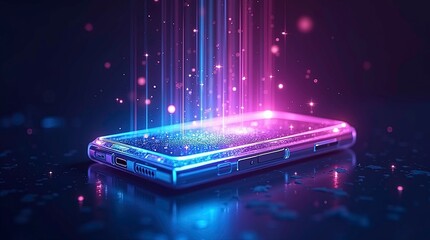 Modern smartphone on a table emits a neon holographic glow. AI Generative