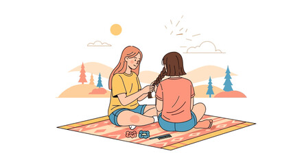 Sisterly Bonding Young Woman Braiding Hair Outdoors Relaxing Sunny Day