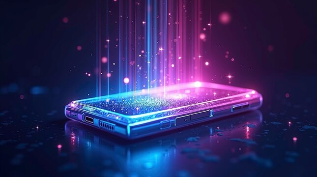Modern smartphone on a table emits a neon holographic glow. AI Generative