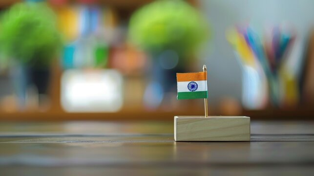 Indian flag "An Emblem of Identity and Unity: The Tricolor Indian Flag Gracefully Rests in Its Holder on the Desk, a Reverent Reminder of National Sovereignty, Symbolic Significance
