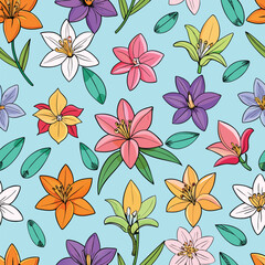 Fototapeta premium Colorful Lily Flower Pattern With Leaves On Light Blue Background floral seamless