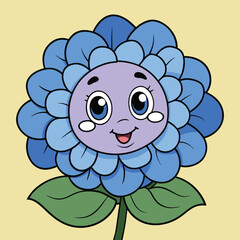 Cute cartoon blue hydrangea flower with happy face and leaves vector illustration