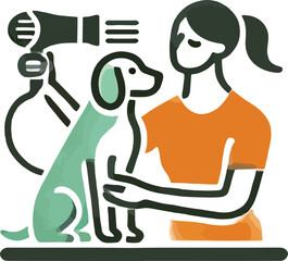 Woman Drying Green Dog with Hairdryer Pet Grooming Illustration