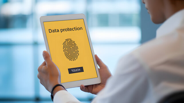Person holding tablet displaying data protection fingerprint and touch button on yellow background screen