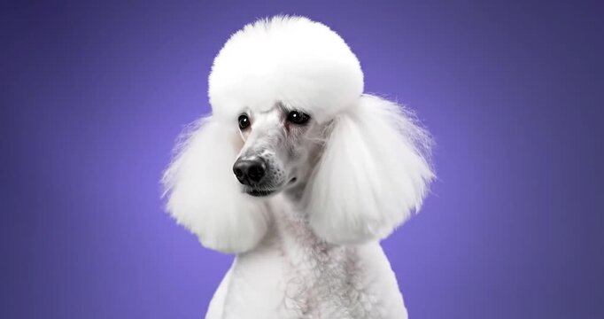 Elegant Poodle with a funny, haughty expression on a purple background.