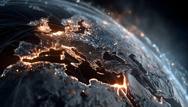 Futuristic tech design featuring digital globe. Concpt for business solutions,innovation, hi-tech, globa network. Interface with dta visualization, connectin, modern tech background.