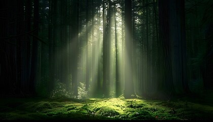 Obraz premium Sunbeams in a Dense Old-Growth Forest