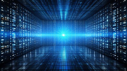 Futuristic digital tunnel with bright blue light at the end