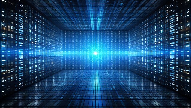 Futuristic digital tunnel with bright blue light at the end - Powered by Adobe