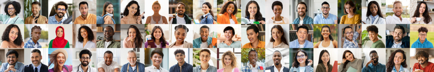 Fototapeta premium This vibrant collection features a diverse group of individuals expressing joy through various portraits. Each face reflects unique backgrounds and cultures, celebrating togetherness and inclusion.