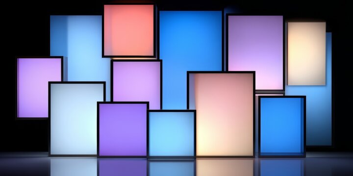 Colorful wall of squares with a blue square in the middle. The squares are all different colors and sizes