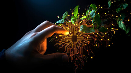Tech Innovation. close-up shot of a human hand touching a glowing, intricate circuit board, which is seamlessly integrated with organic, natural elements like leaves and roots